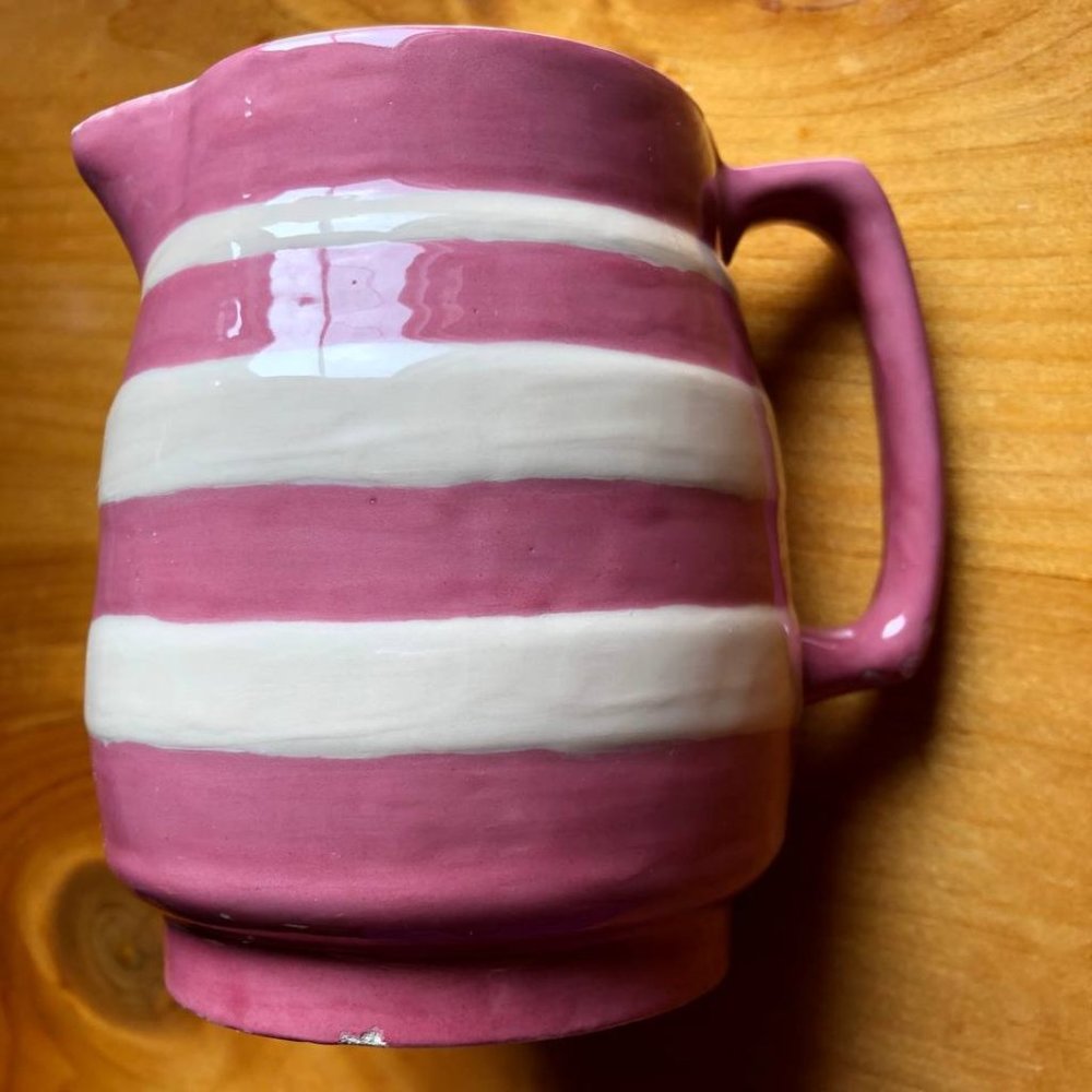 Vintage Pitcher Milk Pottery  Pitcher Jug Pink White Striped